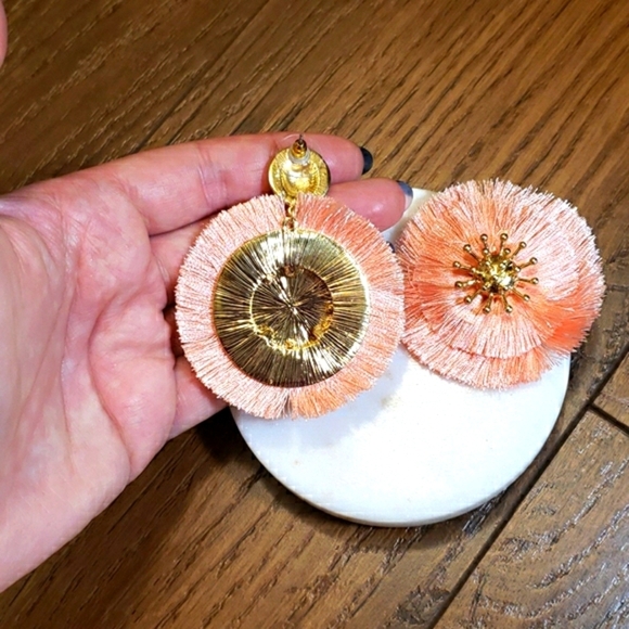 New Gold Round Pink Filigree Silk Drop Earrings - Picture 4 of 4